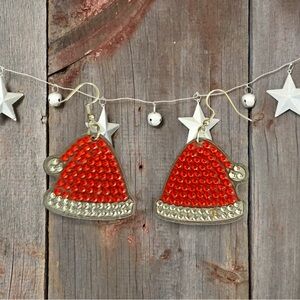 Festive Hand Crafted Beaded Red Santa Hat Earrings